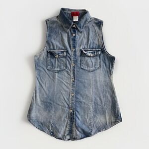 Red Tulips Medium Acid Wash Denim Vest Vintage Grunge Y2K Sleeveless Streetwear